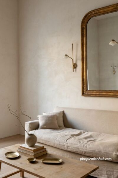 Neutral living room with antique brass mirror metallic accents and warm decor