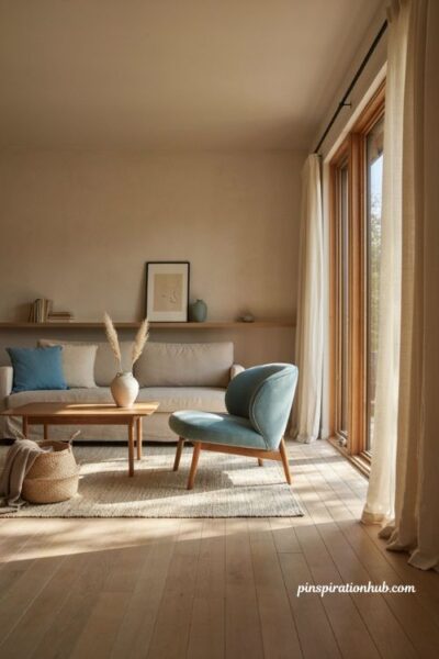Neutral living room with aqua accent chair and subtle colorful decor