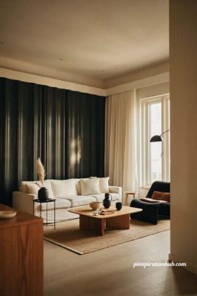 Neutral living room with black accent wall white furniture wood and leather