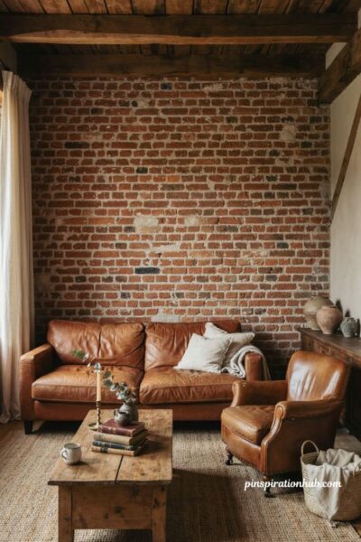 Neutral living room with exposed brick leather sofa and rustic wood beams