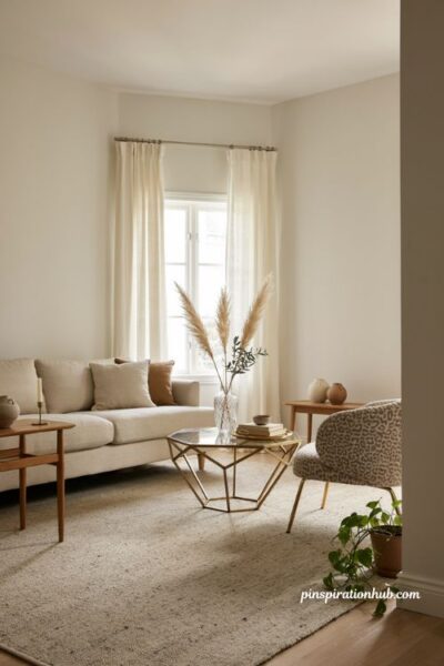 Neutral living room with gold coffee table brass accents and subtle glam decor