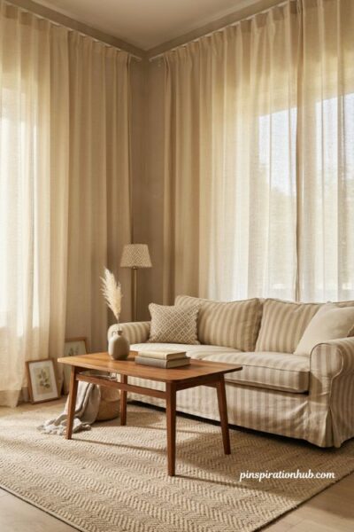 Neutral living room with herringbone rug striped upholstery and subtle textile patterns