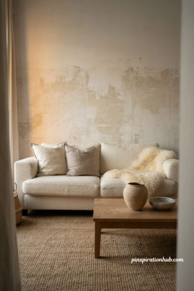 Neutral living room with layered textures bouclé sofa jute rug and limewashed walls