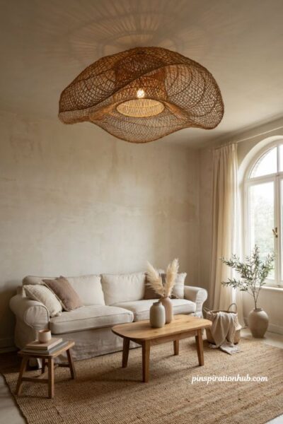 Neutral living room with oversized woven pendant and warm natural decor