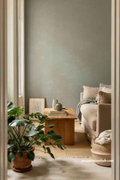 Neutral living room with sage green accent wall camel sofa and natural decor