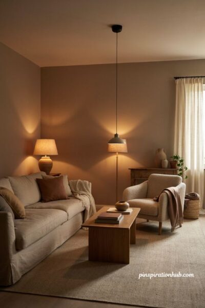 Neutral living room with warm taupe walls layered lighting and cozy decor