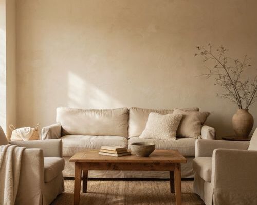 Neutral living room with warm textures natural materials and layered decor