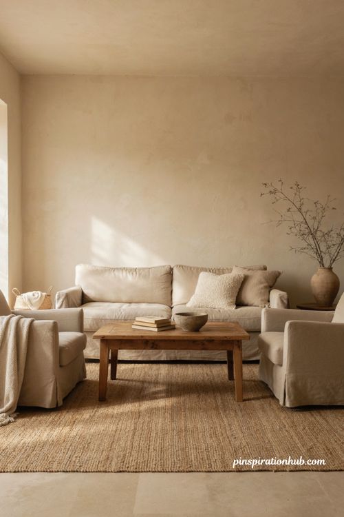 Neutral living room with warm textures natural materials and layered decor