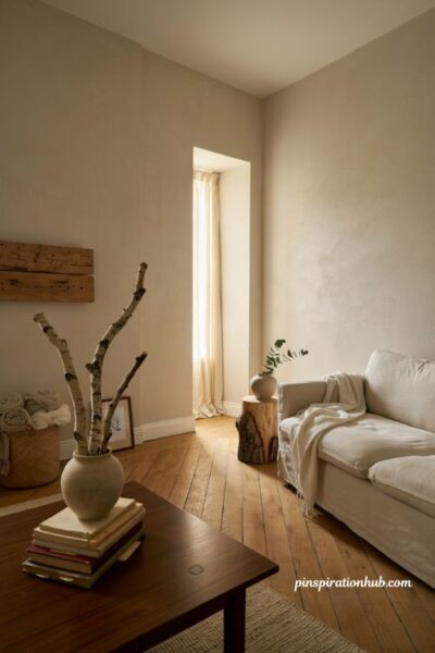 Neutral living room with warm wood tones dark coffee table and rustic decor