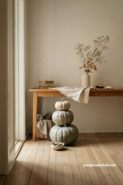Neutral tone minimalist Halloween decor with stacked white sage and gray pumpkins