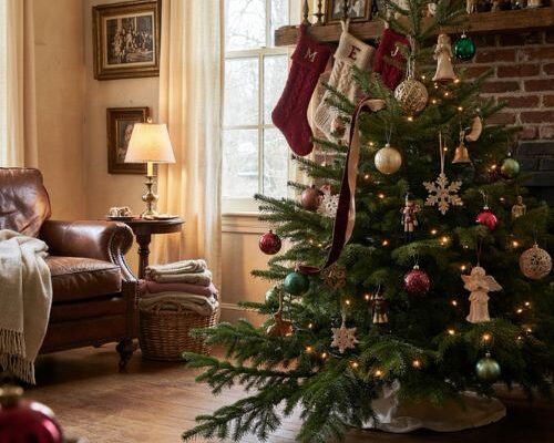 Nostalgic Christmas decor with vintage ornaments and family photos