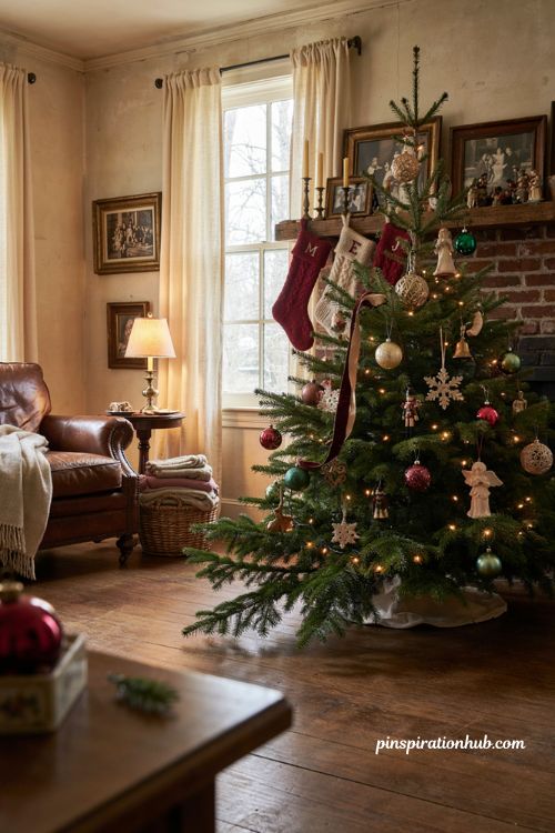 Nostalgic Christmas decor with vintage ornaments and family photos