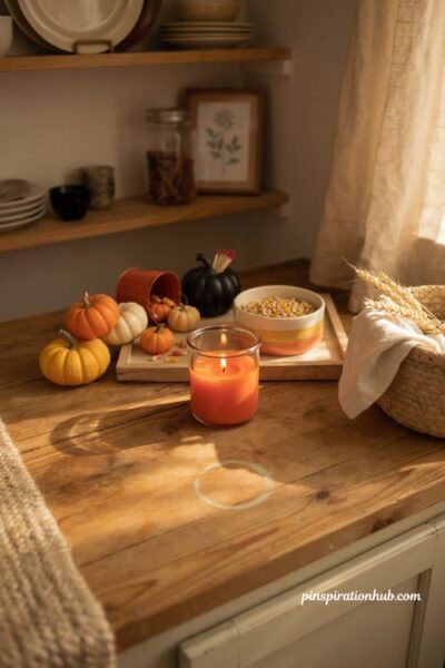 Nostalgic candy inspired Halloween candle with cozy kitchen decor