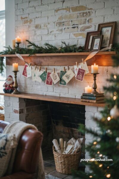 Old Christmas cards displayed on a nostalgic holiday mantel