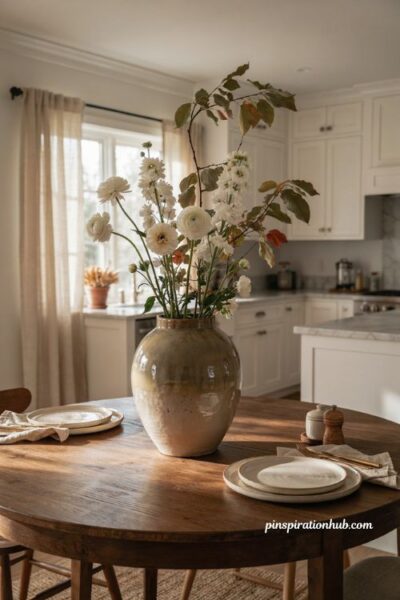 One showstopper fall table centerpiece with oversized white florals in a large glazed vase on a round dining table