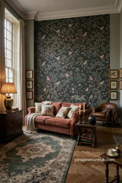Ornate moody living room with Victorian wallpaper floral motifs antique brass lamps and distressed metal decor