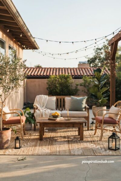 Outdoor rug cozy backyard ideas with woven texture and patio seating