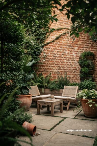 Outdoor seating ideas surrounded by lush garden greenery
