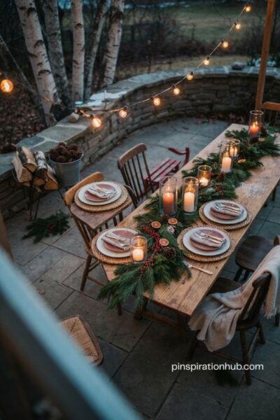 Outdoor tablescape for holiday entertaining with evergreen garland candles and rustic accents