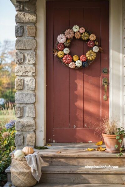 Painted pumpkin wreath with colorful gourds for a cozy fall front door