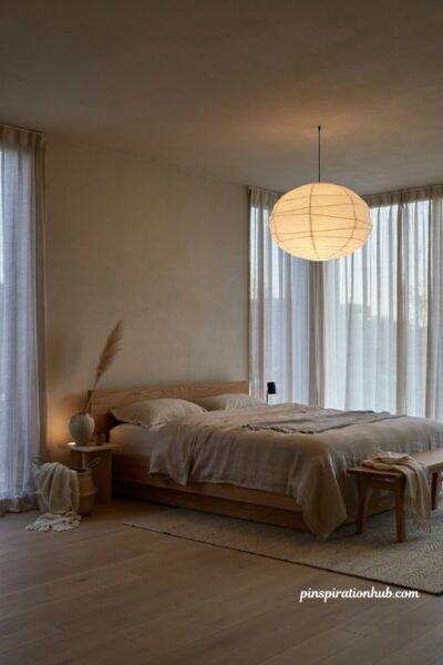Paper pendant light Japandi bedroom ideas with soft warm evening glow
