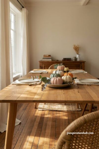 Pastel pumpkin centerpiece with blush sage cream and pale orange pumpkins