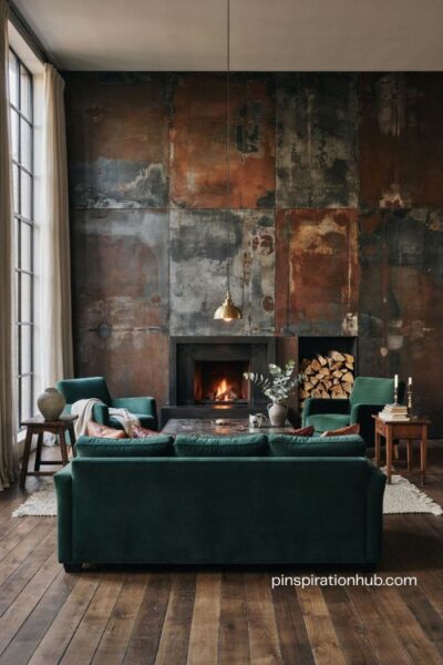Patinated metal feature wall living room with fireplace bottle green seating and rustic log storage