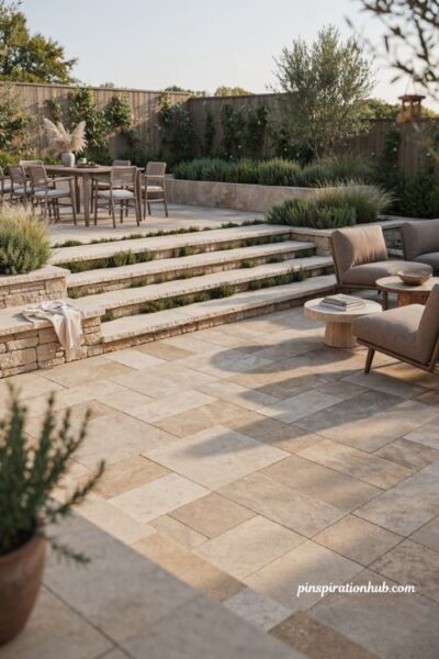 Paver patio ideas for a sloped yard with terraced levels