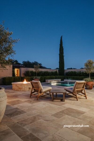 Paver patio ideas with a fire pit and calming water feature
