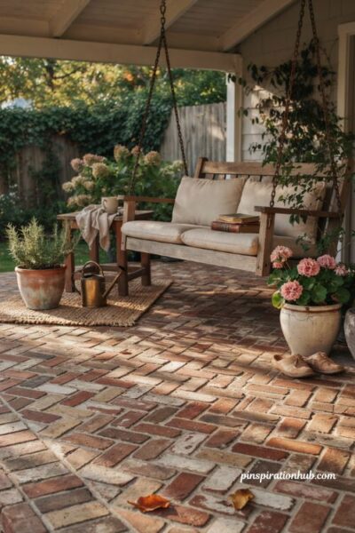 Paver patio ideas with antique brick herringbone pattern and porch swing