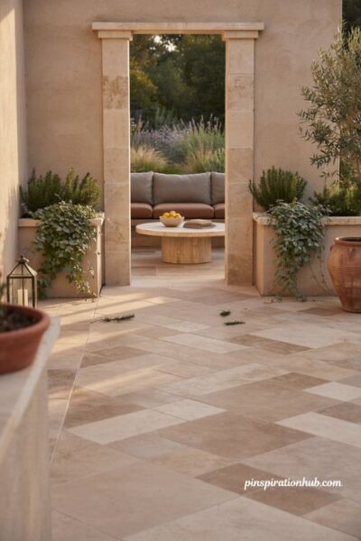 Paver patio ideas with columns and trailing planter greenery
