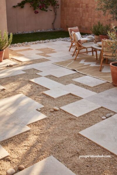 Paver patio ideas with concrete pavers and pea gravel