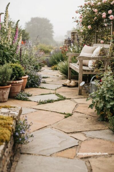 Paver patio ideas with flagstone and creeping groundcover
