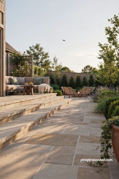 Paver patio ideas with natural stone steps and transitions