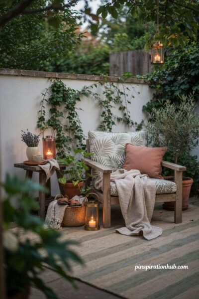 Personal cozy backyard ideas with throw pillows blankets and lanterns