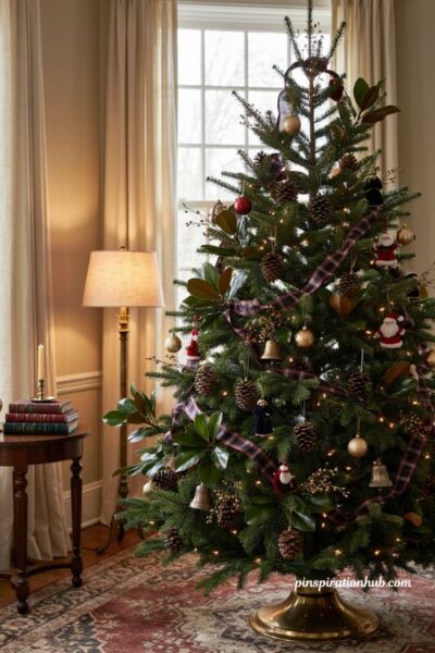 Pinecone and greenery accents on a traditional Christmas tree