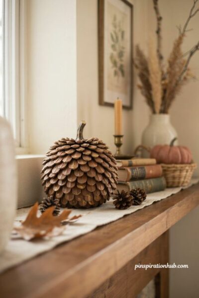 Pinecone covered pumpkin with natural brown scales and subtle gold fall decor