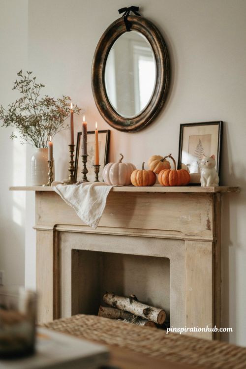 Pink Halloween decor ideas with soft orange mantel accents