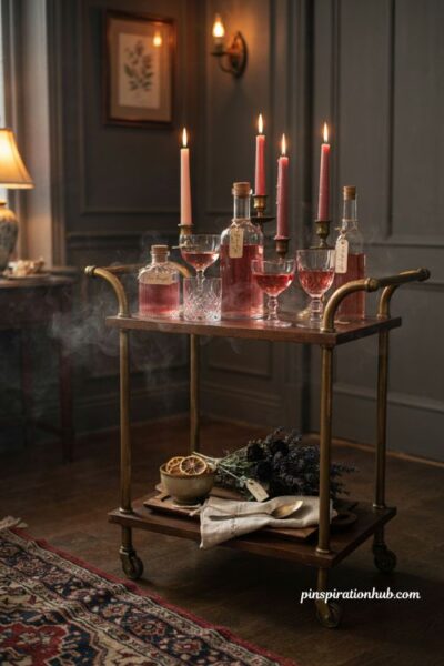 Pink Halloween potion station with vintage bottles and candles