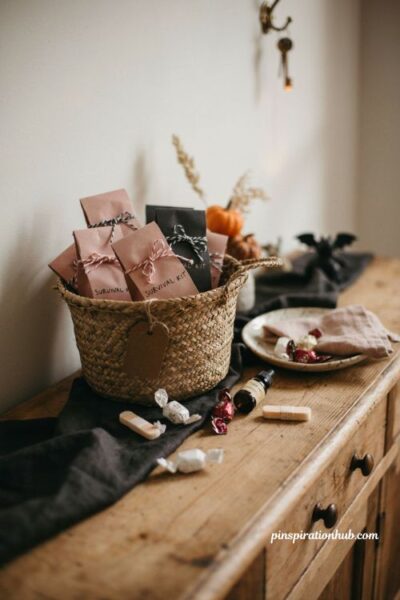 Pink Halloween survival kit favors in a rustic basket