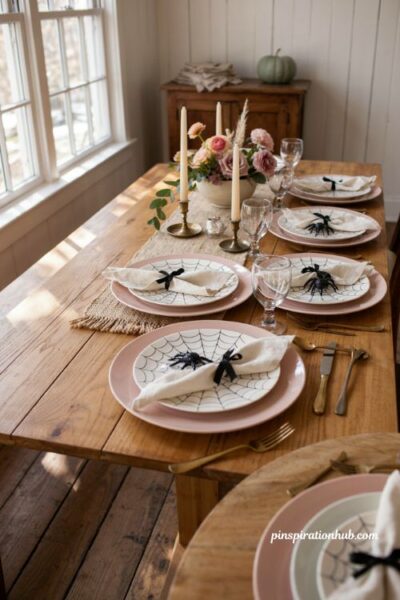 Pink Halloween table setting with spiderweb plates
