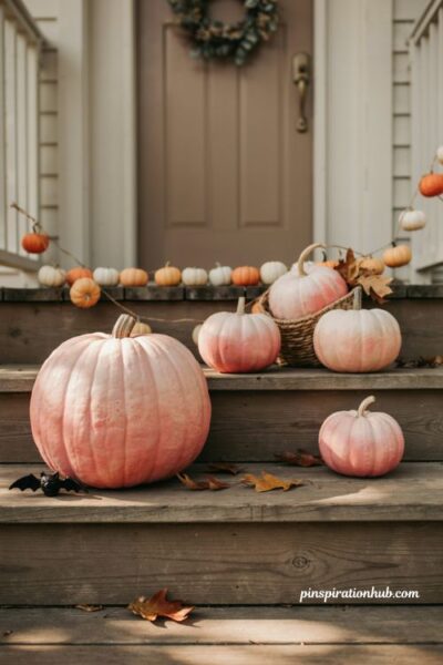 Pink and coral ombre white pumpkin Halloween porch decor