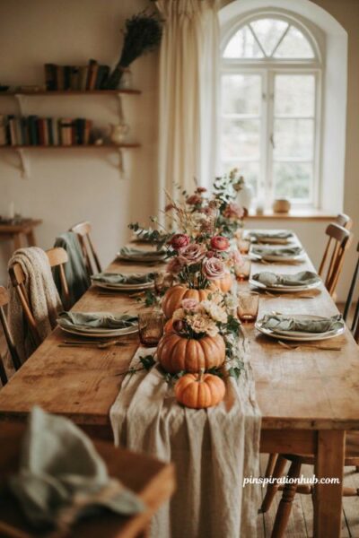 Pink flower pumpkin centerpiece for Halloween table