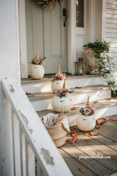 Pink unicorn pumpkin Halloween porch decor