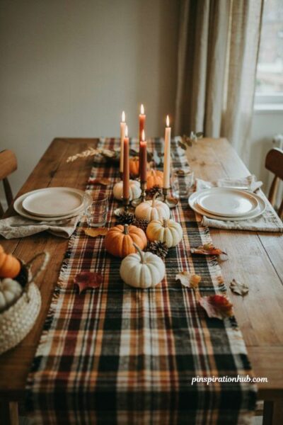 Plaid Halloween table runner with pumpkins and autumn leaves
