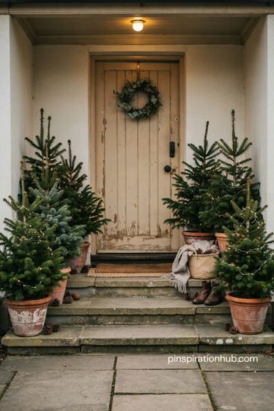 Potted mini christmas trees flanking the steps with matching urns and warm lights