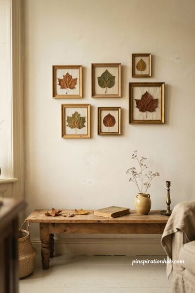 Pressed leaf wall art with framed autumn leaves and cozy fall gallery decor