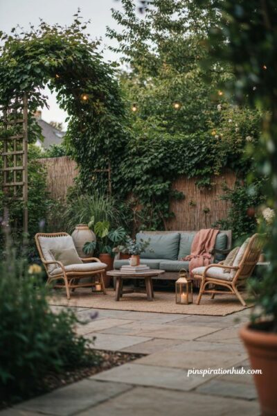 Privacy greenery cozy backyard ideas with trellis and lush plants