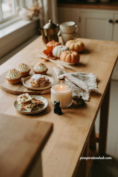 Pumpkin dessert candle with cozy fall Halloween snack table decor