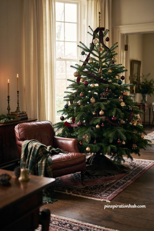 Ralph Lauren Christmas tree decor with tartan ribbon and navy ornaments